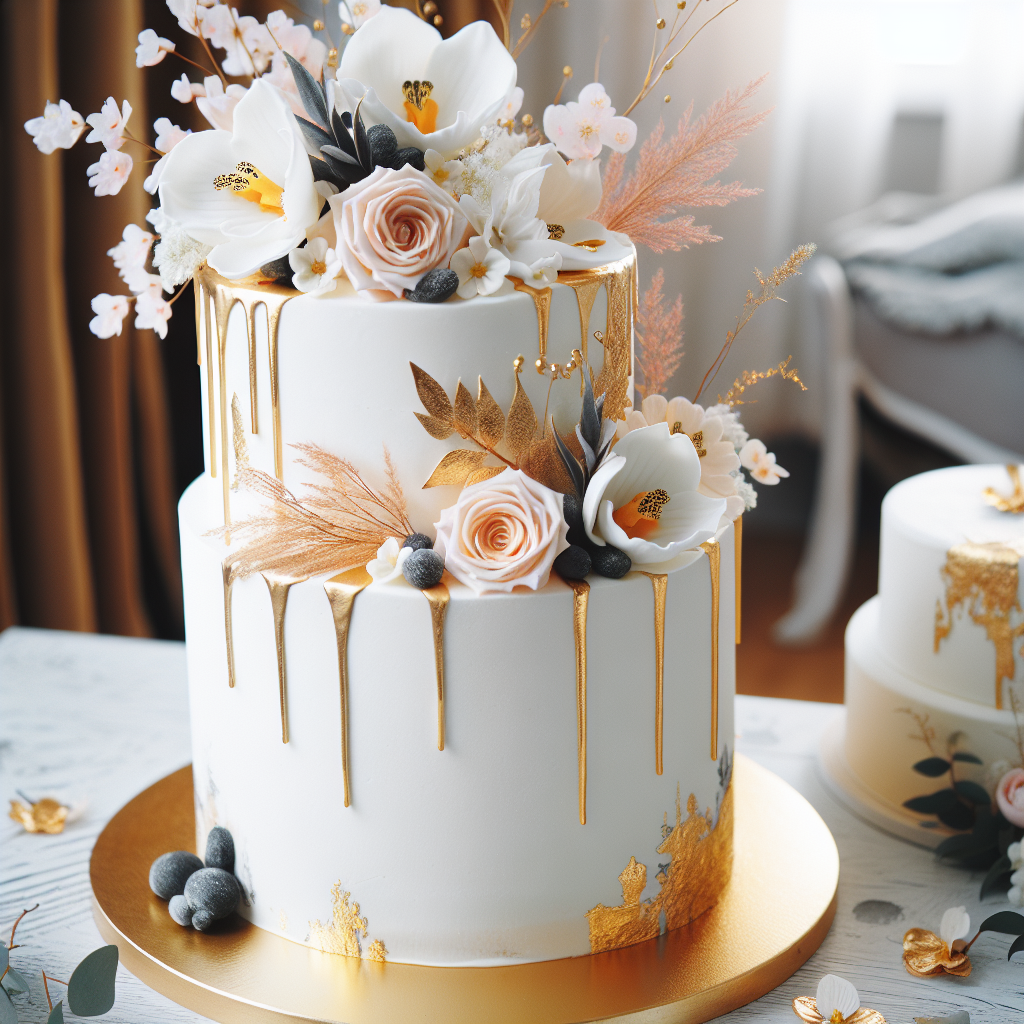 Nærbilde av en elegant flerlags festkake dekorert med ganache drip, spiselige blomster og gullblad, moderne skandinavisk styling, myk naturlig belysning