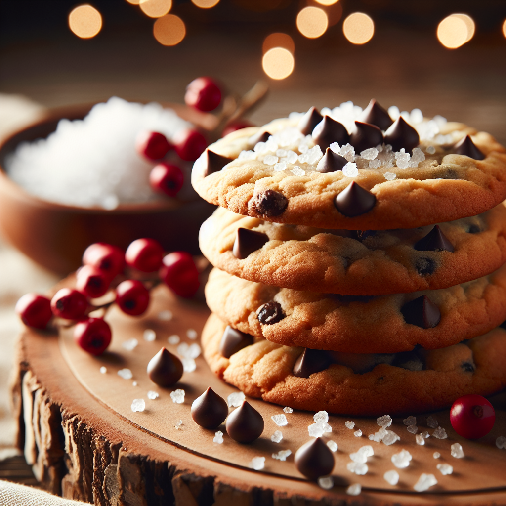 Nærbilde av en stabel nystekte cookies med sjokoladebiter, litt havsalt på toppen, på trebrett med myk belysning og noen dekorative bær i bakgrunnen